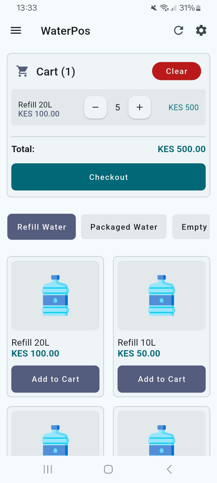 WaterPos Android app — selling screen showing cart with Refill 20L items, product grid, and checkout button